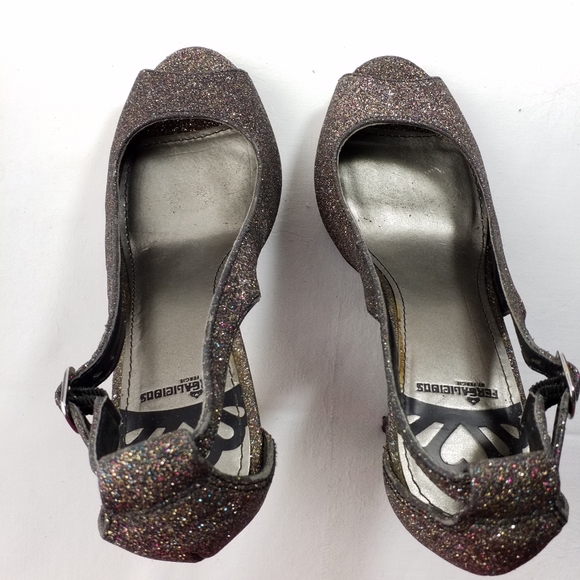 Fergalicious by Fergie black and silver glitter open toe heels 6 M - Picture 6 of 8